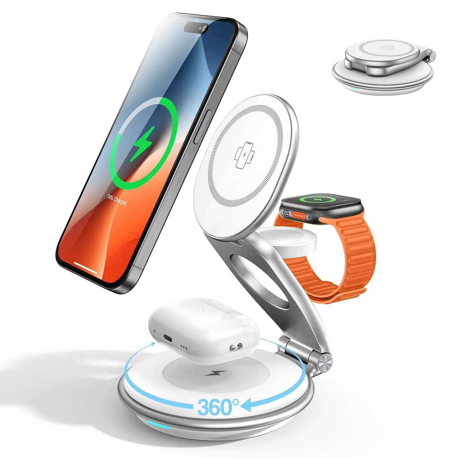3-in-1 Wireless Charging Station for iPhone, Apple Watch, AirPods - Foldable Fast Char