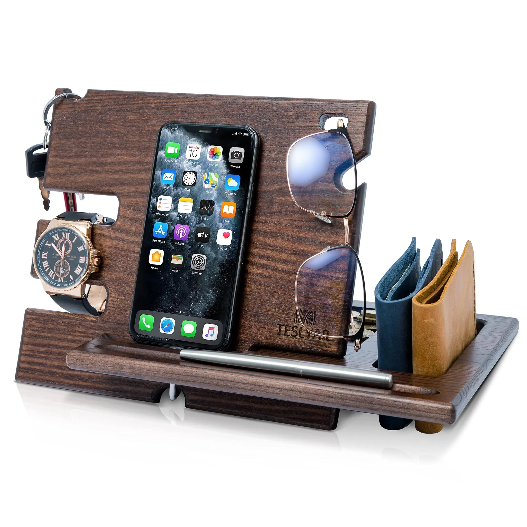 Solid Ash Wood Phone Docking Station Multifunctional Desk Organizer with Accessories H