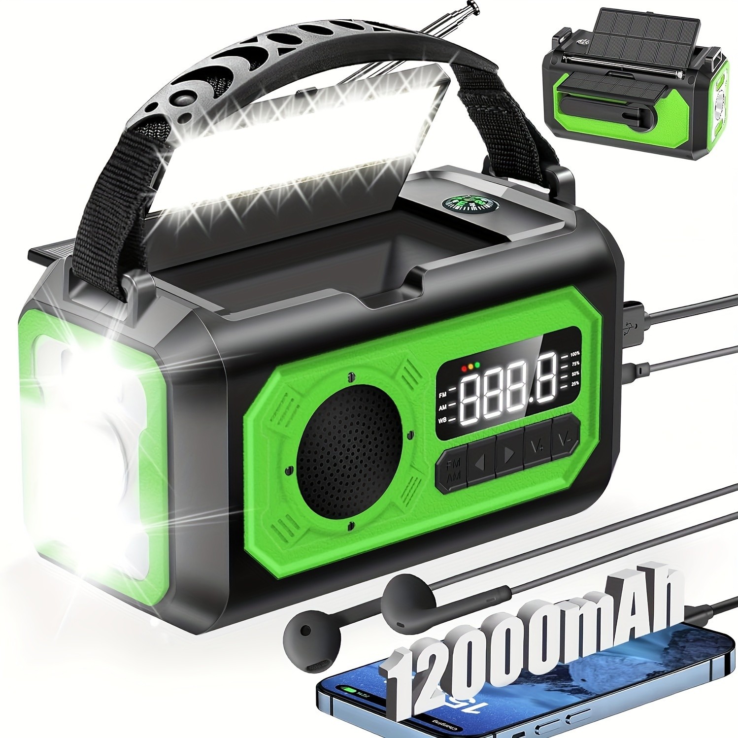 Solar Emergency Weather Radio, AM/FM, LED Flashlight, Compass, 12000mAh, for Outdoor