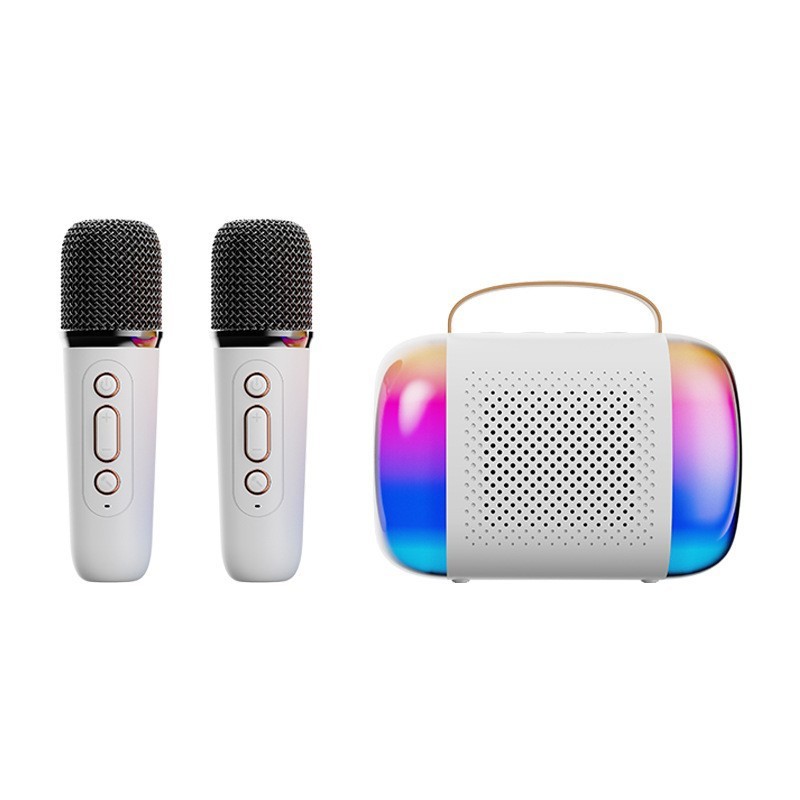 Mini Karaoke Machine with 2 Wireless Mics, Bluetooth Speaker, LED Lights, for Kids & A